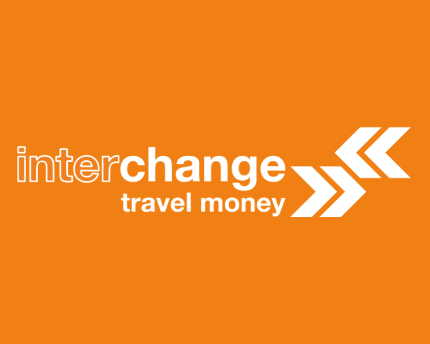 Interchange Travel money logo in white with orange background